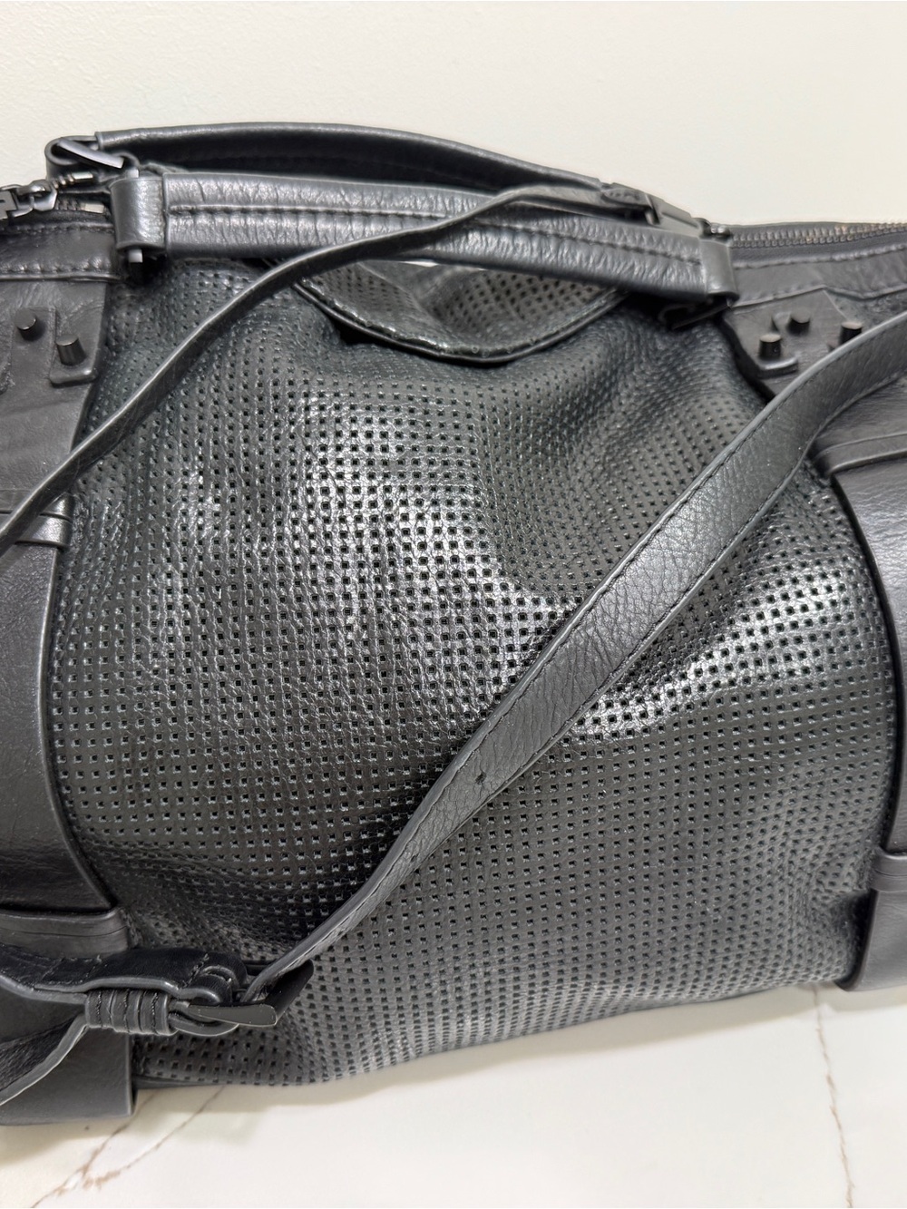 Women’s She + Lo, Black Perforated Leather Satchel Bag with Adjustable Strap - Picture 4 of 10